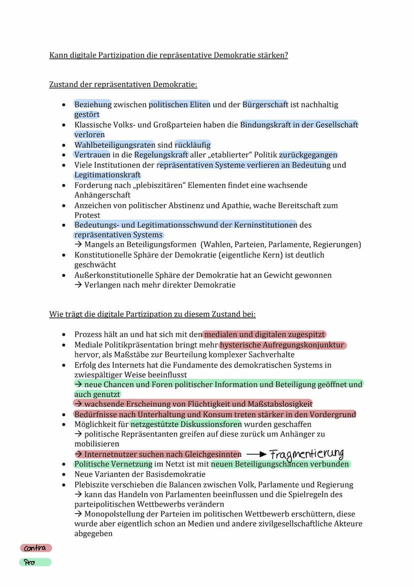 Politik Klausur Nr. 2 Lernzettel
Funktionen von Partizipation:
Artikulation
●
Erhalten die Bürger die Möglichkeit, ihre Interessen öffentlic