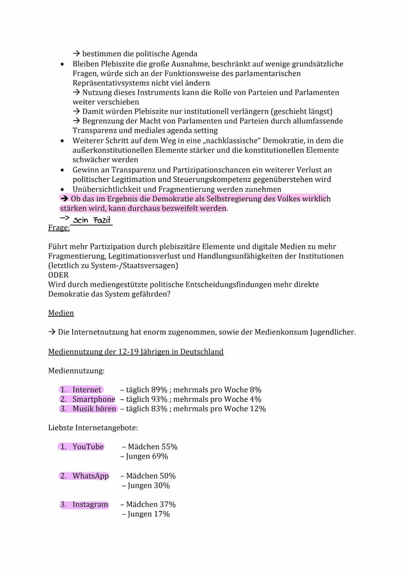 Politik Klausur Nr. 2 Lernzettel
Funktionen von Partizipation:
Artikulation
●
Erhalten die Bürger die Möglichkeit, ihre Interessen öffentlic