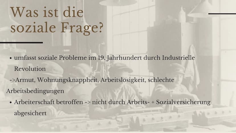 Lösungsversuche
der sozialen Frage
durch die
Arbeiterschaft
und den Staat
Sina Liebe
TECH
TATTUNGS GLIEDERUNG
1. Was ist die soziale Frage?
