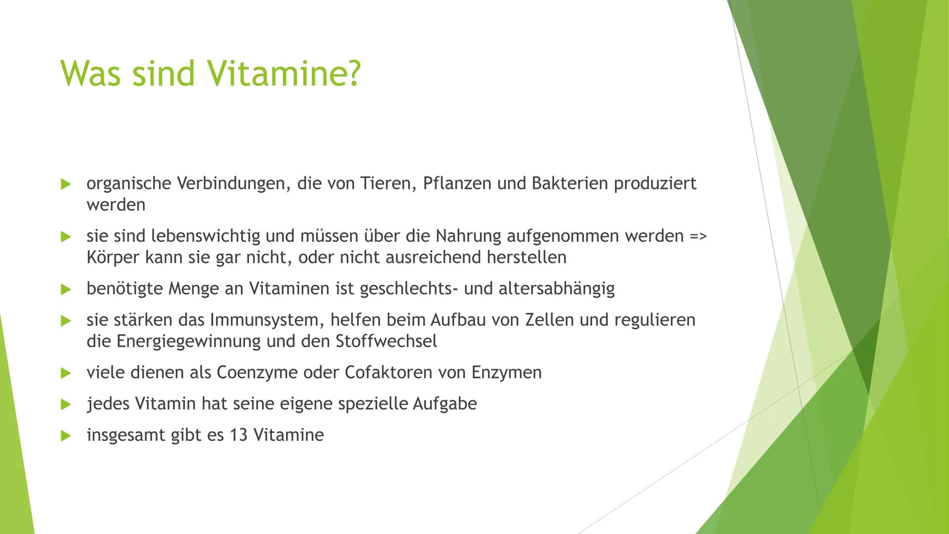 Vitamine und
Vitaminpräparate Gliederung
► Was sind Vitamine?
Was gibt es für Vitamine?
Wie werden Vitaminpräparate hergestellt?
Wie sinnvol