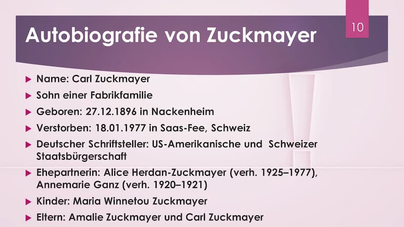 Elegie von
Abschied und
Wiederkehr
CARL ZUCKMAYER
1 !
Inhalt
► Was bedeutet Elegie?
Gedicht von Carl Zuckmayer
► Gedichts Analyse
Bedeutung 