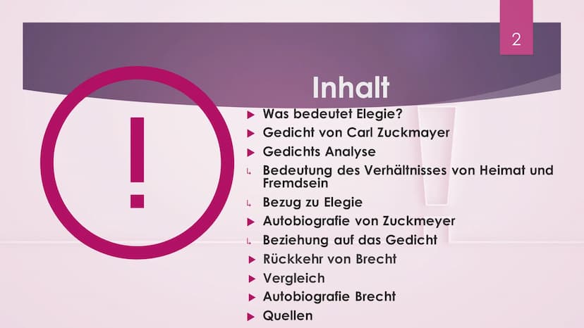 Elegie von
Abschied und
Wiederkehr
CARL ZUCKMAYER
1 !
Inhalt
► Was bedeutet Elegie?
Gedicht von Carl Zuckmayer
► Gedichts Analyse
Bedeutung 