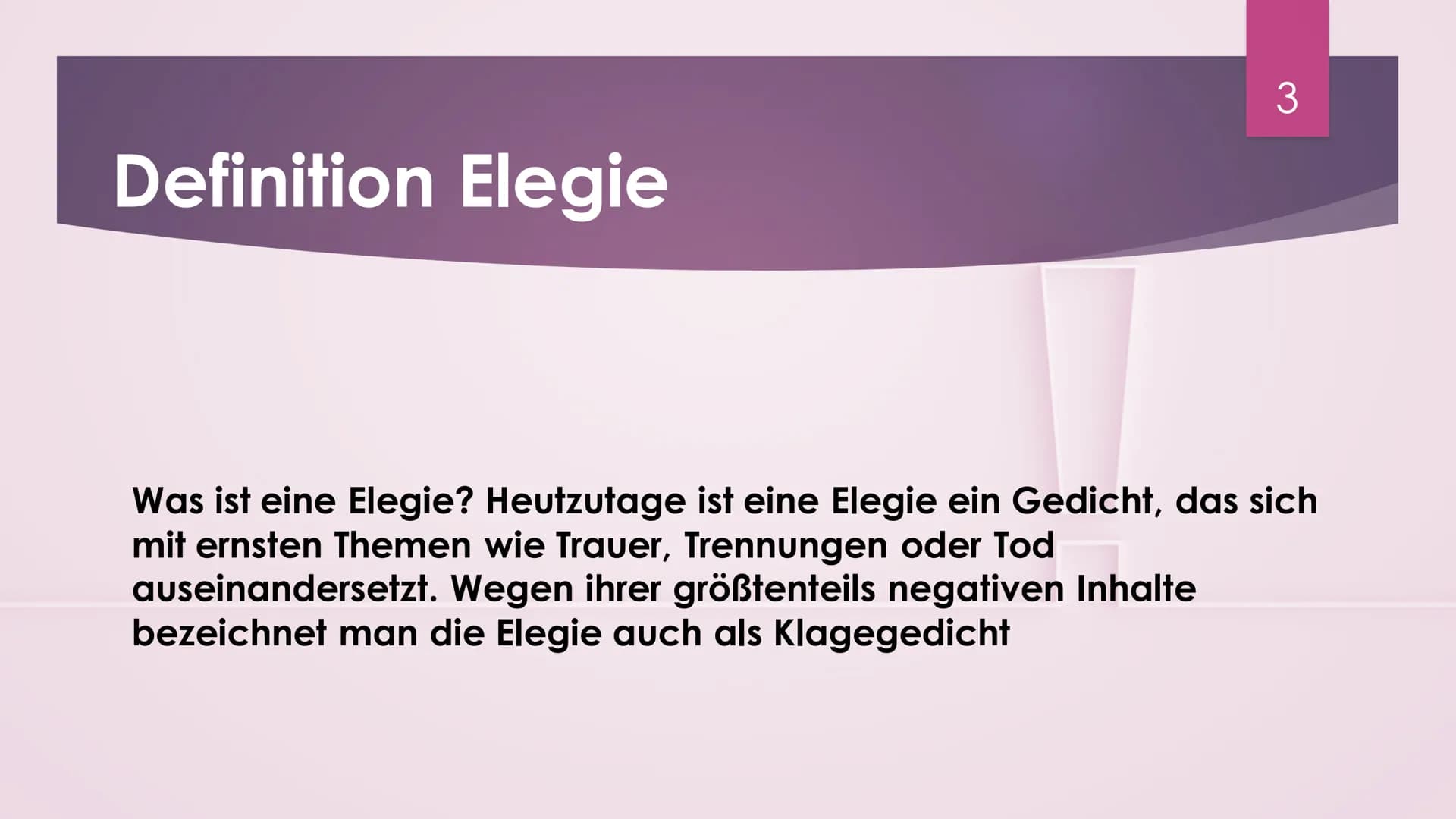 Elegie von
Abschied und
Wiederkehr
CARL ZUCKMAYER
1 !
Inhalt
► Was bedeutet Elegie?
Gedicht von Carl Zuckmayer
► Gedichts Analyse
Bedeutung 