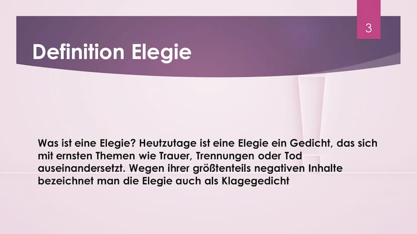 Elegie von
Abschied und
Wiederkehr
CARL ZUCKMAYER
1 !
Inhalt
► Was bedeutet Elegie?
Gedicht von Carl Zuckmayer
► Gedichts Analyse
Bedeutung 