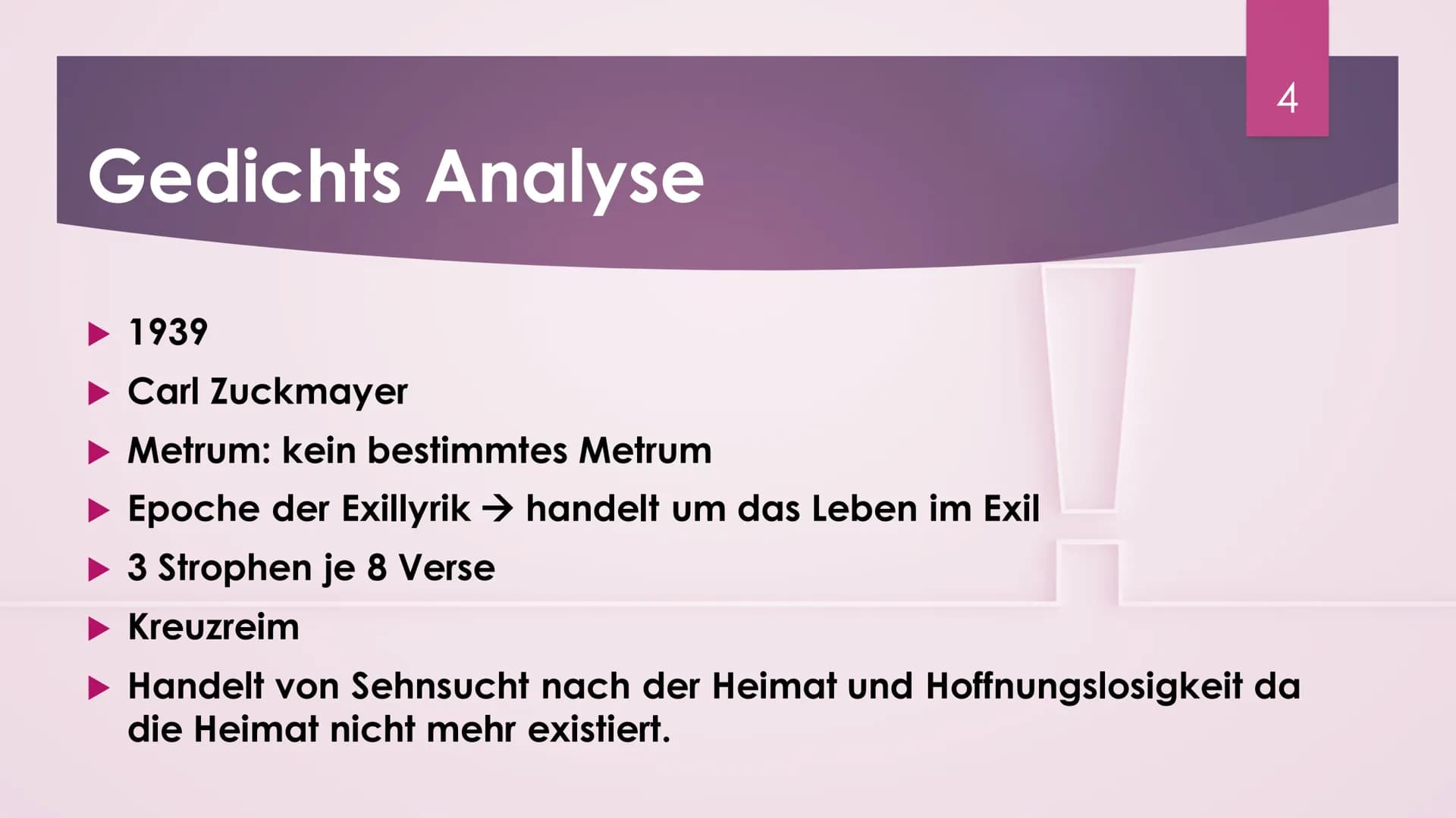 Elegie von
Abschied und
Wiederkehr
CARL ZUCKMAYER
1 !
Inhalt
► Was bedeutet Elegie?
Gedicht von Carl Zuckmayer
► Gedichts Analyse
Bedeutung 