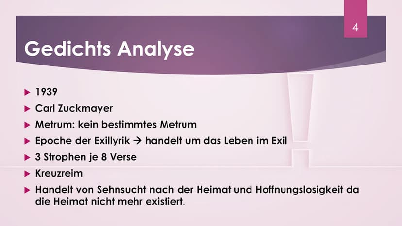 Elegie von
Abschied und
Wiederkehr
CARL ZUCKMAYER
1 !
Inhalt
► Was bedeutet Elegie?
Gedicht von Carl Zuckmayer
► Gedichts Analyse
Bedeutung 
