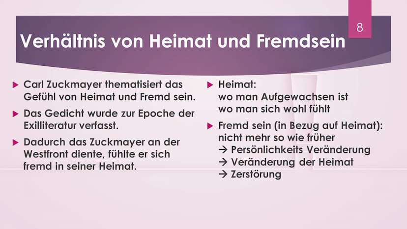 Elegie von
Abschied und
Wiederkehr
CARL ZUCKMAYER
1 !
Inhalt
► Was bedeutet Elegie?
Gedicht von Carl Zuckmayer
► Gedichts Analyse
Bedeutung 