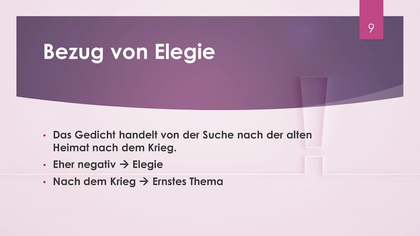 Elegie von
Abschied und
Wiederkehr
CARL ZUCKMAYER
1 !
Inhalt
► Was bedeutet Elegie?
Gedicht von Carl Zuckmayer
► Gedichts Analyse
Bedeutung 