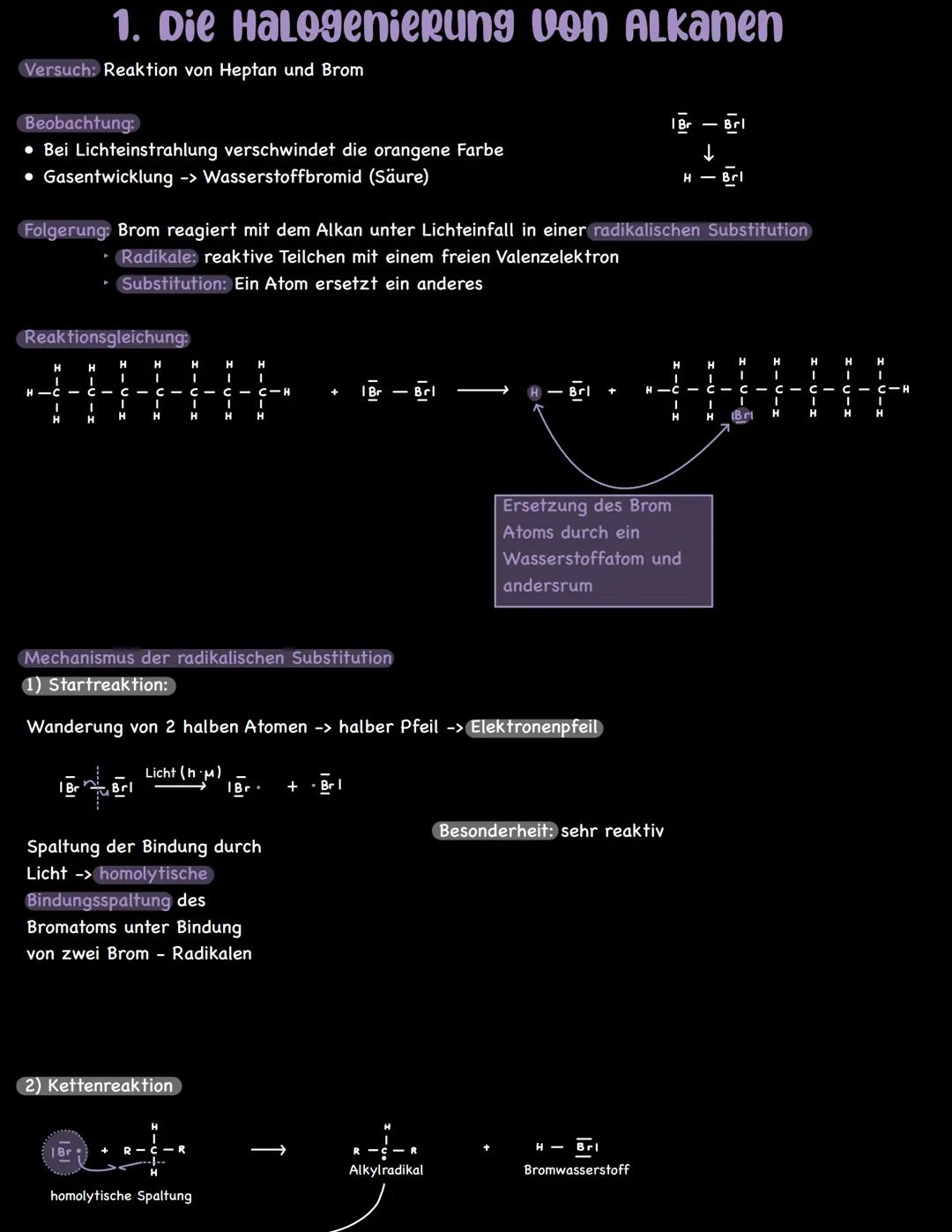 # 1. Die Halogenierung von Alkanen

Versuch: Reaktion von Heptan und Brom

Beobachtung:
*   Bei Lichteinstrahlung verschwindet die orangene 