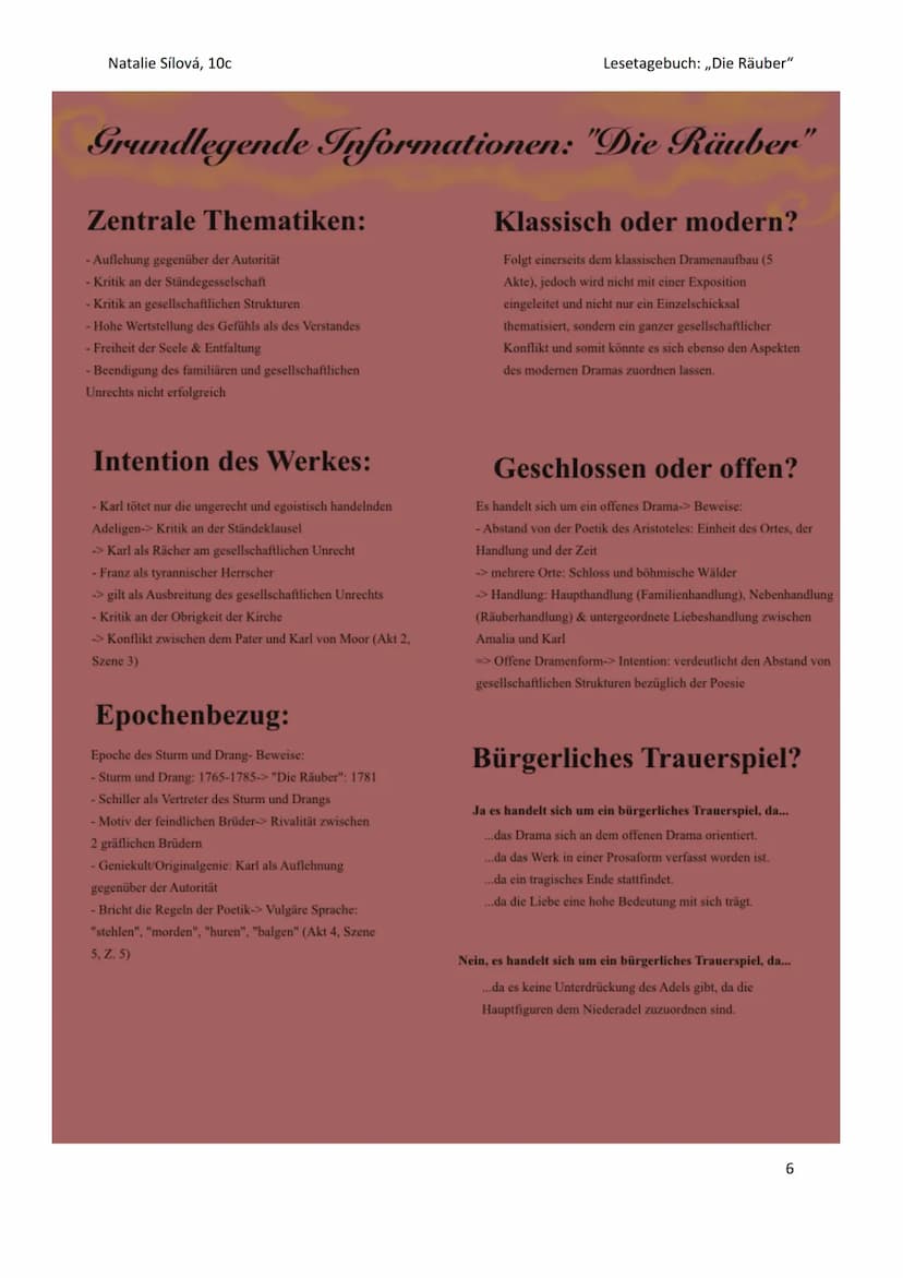 "Die Räuber"
Friedrich Schiller
Lesetagebuch
Natalie Sílová, 10c-2021/22 Natalie Sílová, 10c
Gliederung
Aristotelisches- oder Episches Drama