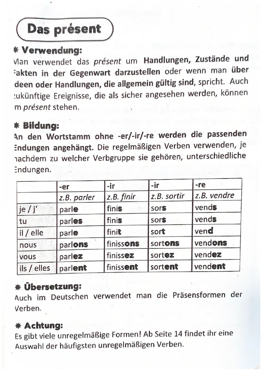 Inhalt:
* présent
* passé composé
*
imparfait
* conditionnel
* futur simple
* unregelm. Wortstämme
* futur composé
* gérondif
* subjonctif
*