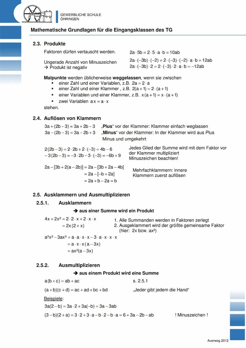 GEWERBLICHE SCHULE
ÖHRINGEN
Mathematische Grundlagen für die Eingangsklassen des TG
Inhalt
1. Zahlenbereiche / Zahlenmengen
2. Terme
2.1. Gr
