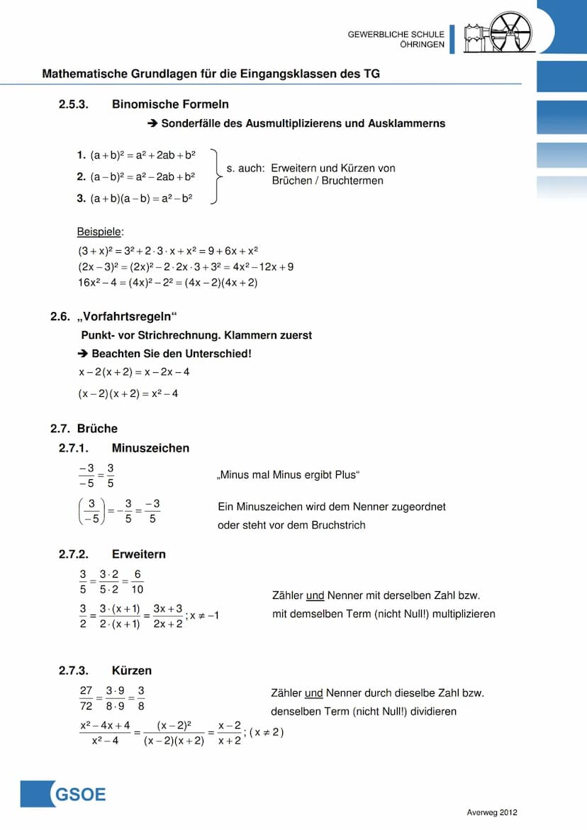 GEWERBLICHE SCHULE
ÖHRINGEN
Mathematische Grundlagen für die Eingangsklassen des TG
Inhalt
1. Zahlenbereiche / Zahlenmengen
2. Terme
2.1. Gr