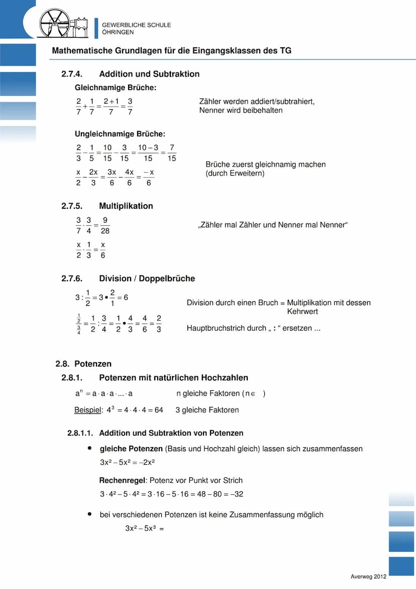 GEWERBLICHE SCHULE
ÖHRINGEN
Mathematische Grundlagen für die Eingangsklassen des TG
Inhalt
1. Zahlenbereiche / Zahlenmengen
2. Terme
2.1. Gr
