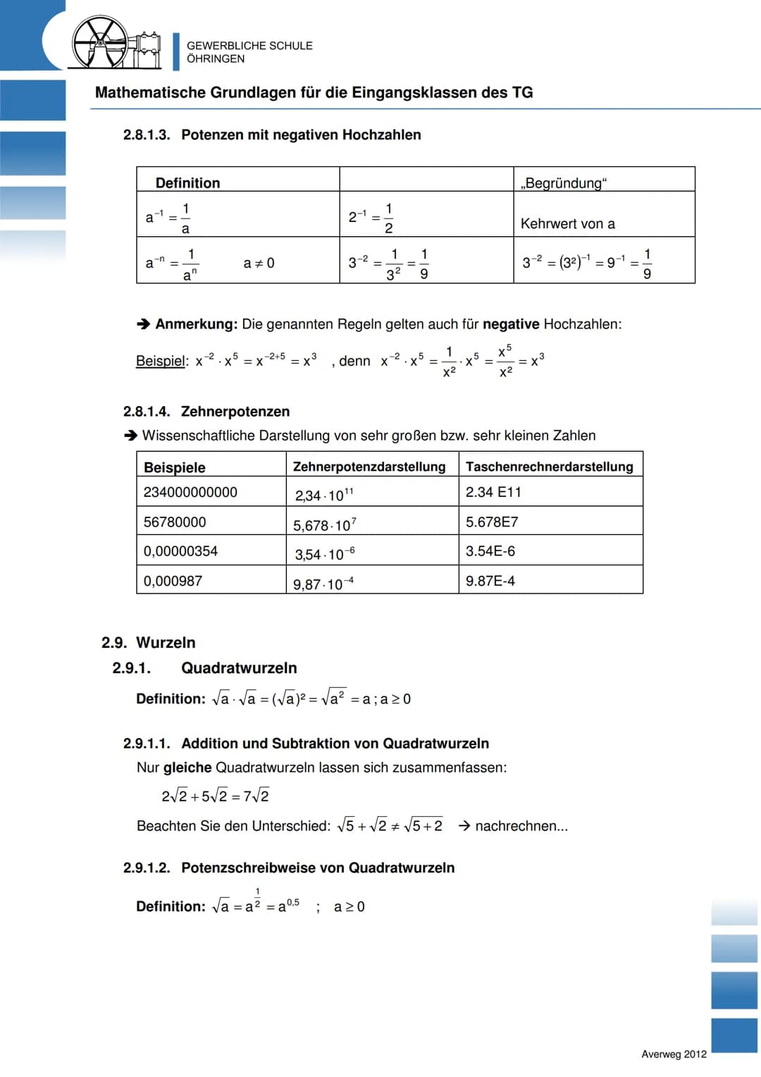 GEWERBLICHE SCHULE
ÖHRINGEN
Mathematische Grundlagen für die Eingangsklassen des TG
Inhalt
1. Zahlenbereiche / Zahlenmengen
2. Terme
2.1. Gr