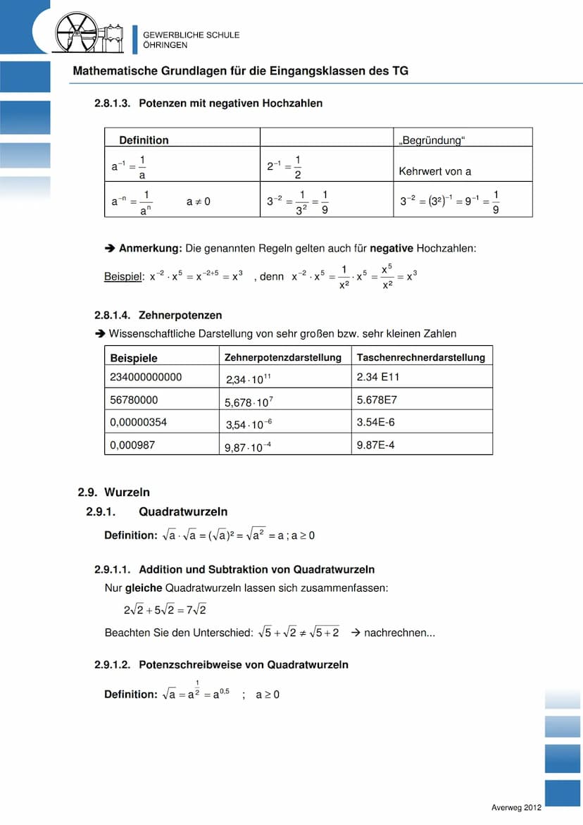 GEWERBLICHE SCHULE
ÖHRINGEN
Mathematische Grundlagen für die Eingangsklassen des TG
Inhalt
1. Zahlenbereiche / Zahlenmengen
2. Terme
2.1. Gr