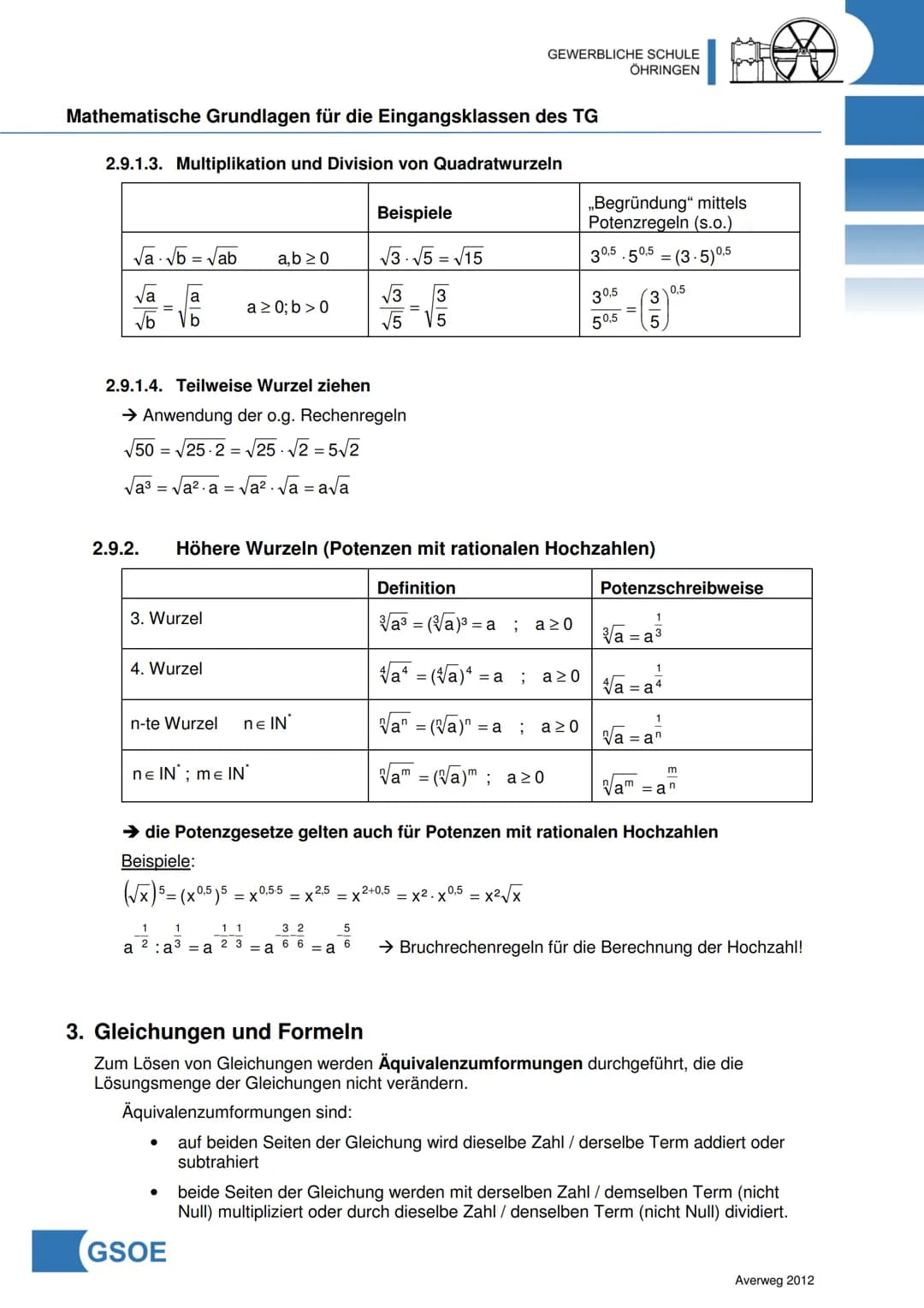 GEWERBLICHE SCHULE
ÖHRINGEN
Mathematische Grundlagen für die Eingangsklassen des TG
Inhalt
1. Zahlenbereiche / Zahlenmengen
2. Terme
2.1. Gr