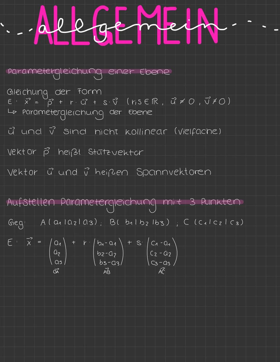 ....Alegemein
Parametergleichung einer Ebene
Gleichung der Form
E
x² = P + r· + s⋅v (riSER, 270, 370)
> Parametergleichung der Ebene
und sin