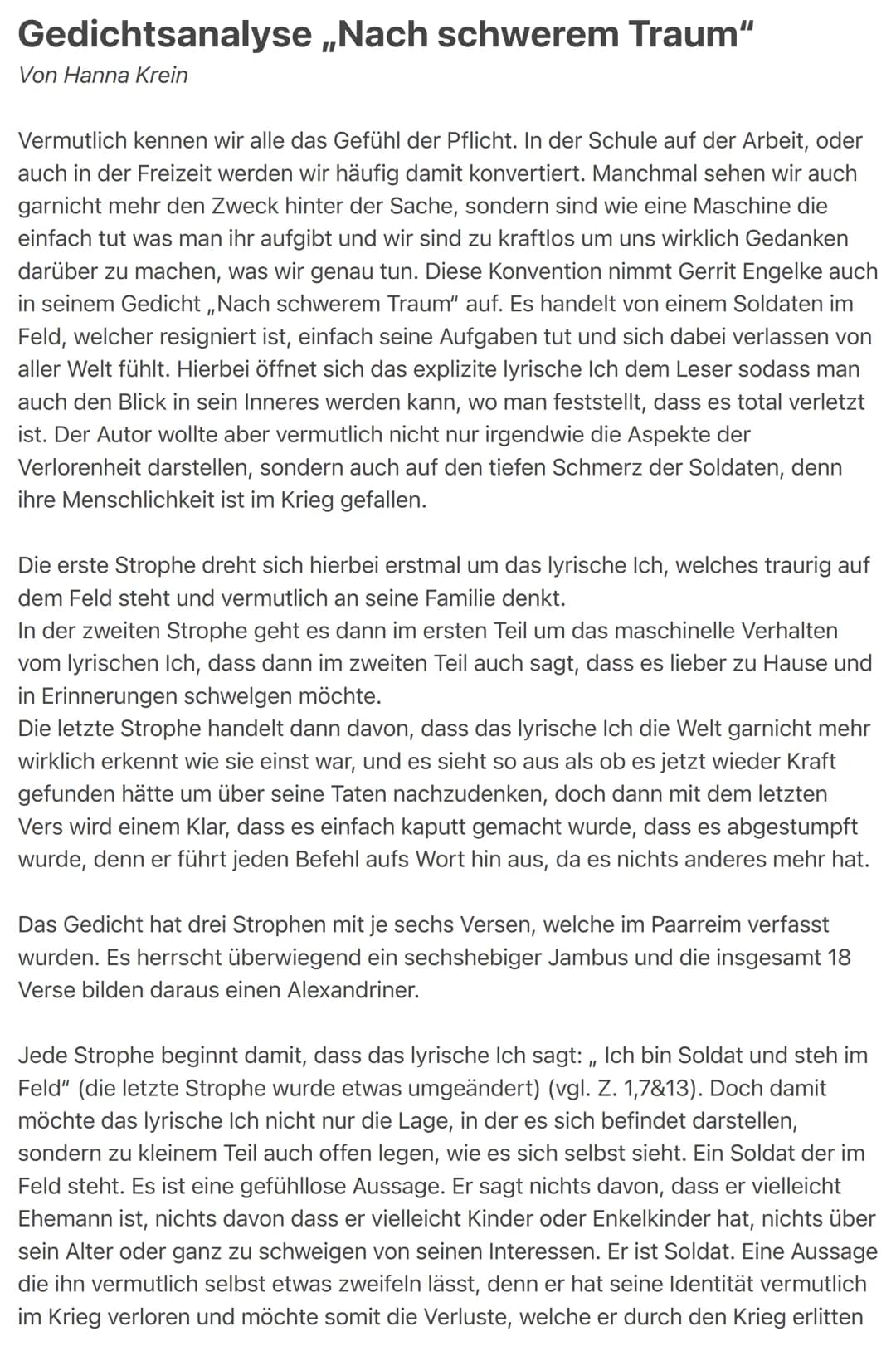 Gedichtsanalyse ,,Nach schwerem Traum"
Von Hanna Krein
Vermutlich kennen wir alle das Gefühl der Pflicht. In der Schule auf der Arbeit, oder