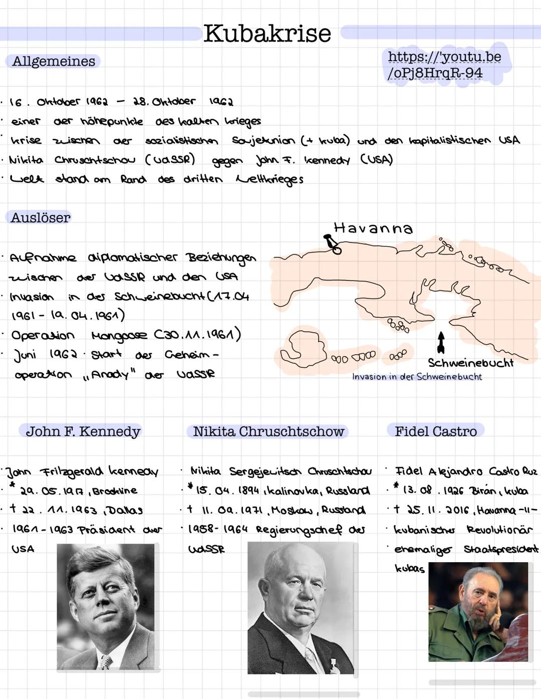 # Kubakrise

Allgemeines

https://youtu.be
/oPj8HrqR-94

*   16. Oktober 1962 - 28. Oktober 1962

*   einer der höhepunkte des kalten kriege