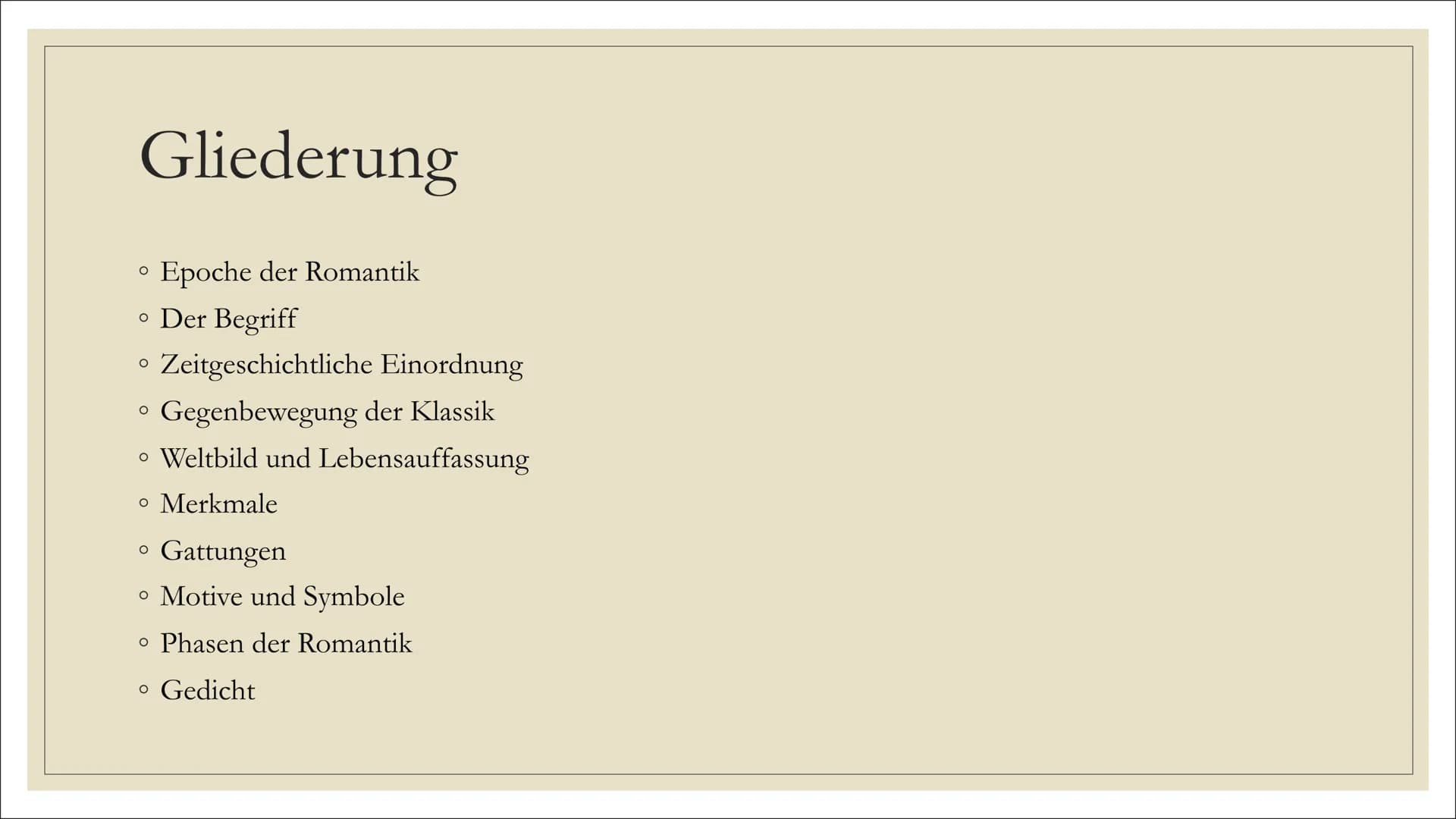 LC2
DIE ROMANTIK
Lyrik
523
CO Gliederung
Epoche der Romantik
• Der Begriff
• Zeitgeschichtliche Einordnung
Gegenbewegung der Klassik
• Weltb
