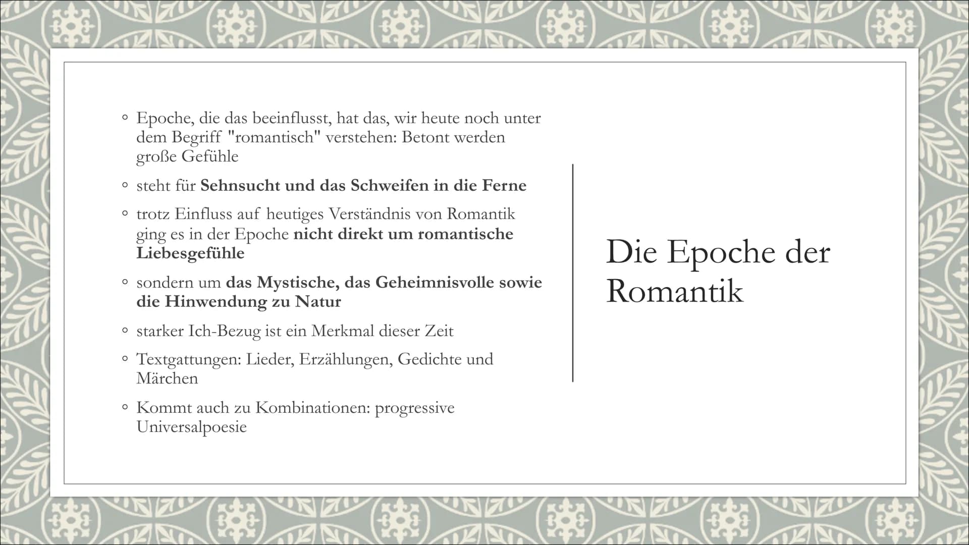 LC2
DIE ROMANTIK
Lyrik
523
CO Gliederung
Epoche der Romantik
• Der Begriff
• Zeitgeschichtliche Einordnung
Gegenbewegung der Klassik
• Weltb