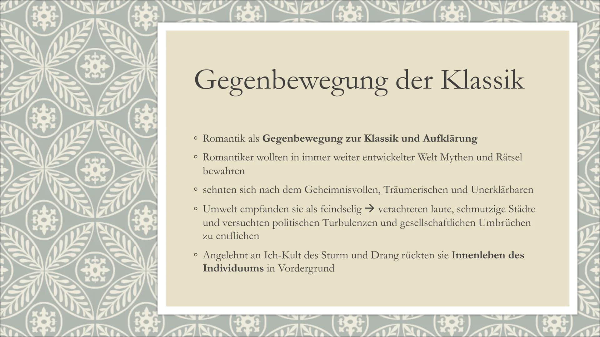 LC2
DIE ROMANTIK
Lyrik
523
CO Gliederung
Epoche der Romantik
• Der Begriff
• Zeitgeschichtliche Einordnung
Gegenbewegung der Klassik
• Weltb