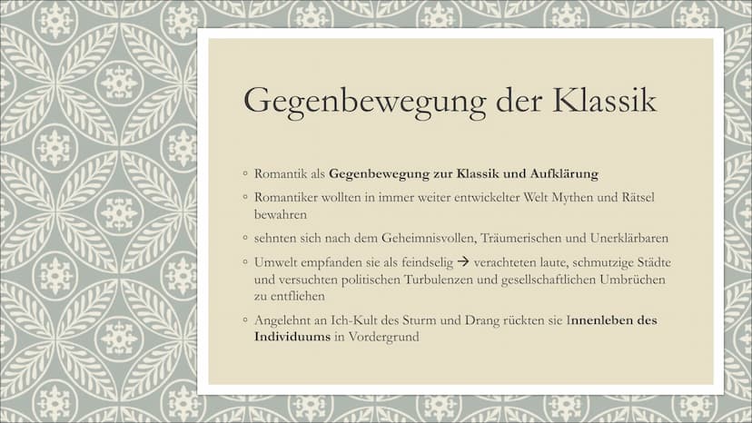 LC2
DIE ROMANTIK
Lyrik
523
CO Gliederung
Epoche der Romantik
• Der Begriff
• Zeitgeschichtliche Einordnung
Gegenbewegung der Klassik
• Weltb