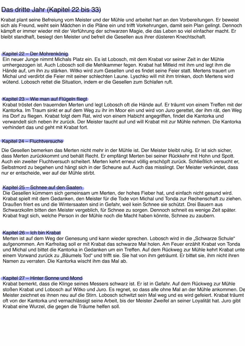 kraba+
Das erste Jahr (Kapitel 1 bis 12)
Krabat wird zur Mühle gerufen und findet sich schnell in der Gemeinschaft ein. Er versteht nur lang