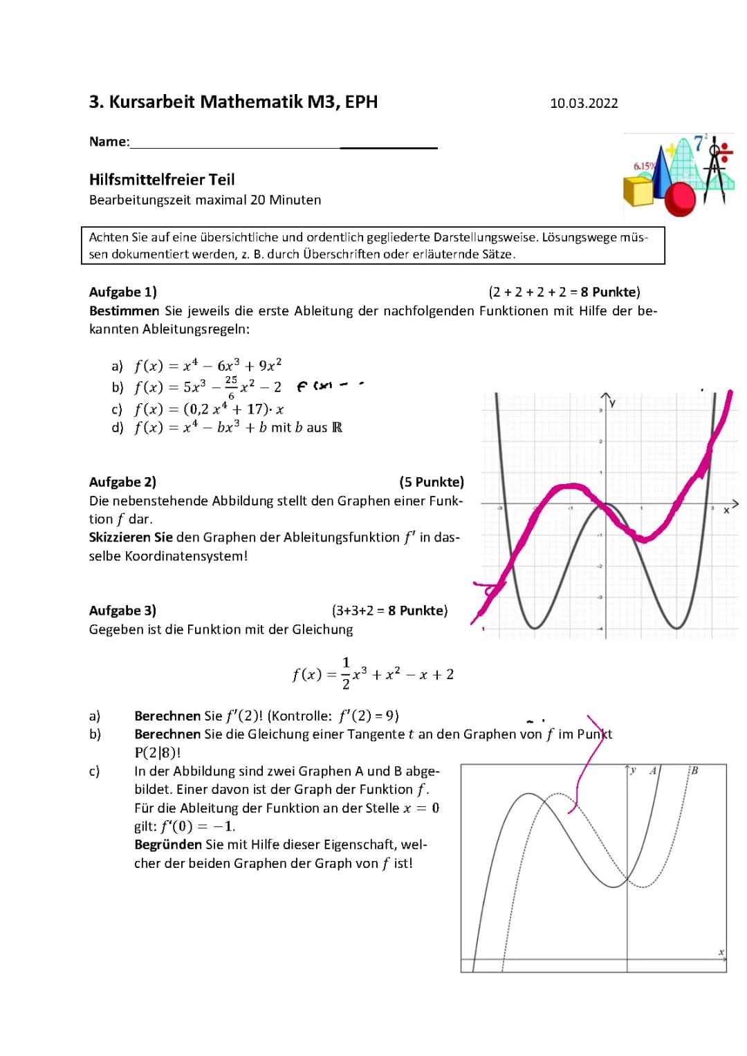 Mathe Klausur 10 Ableitungen, Tangentengleichung, Extremstellen