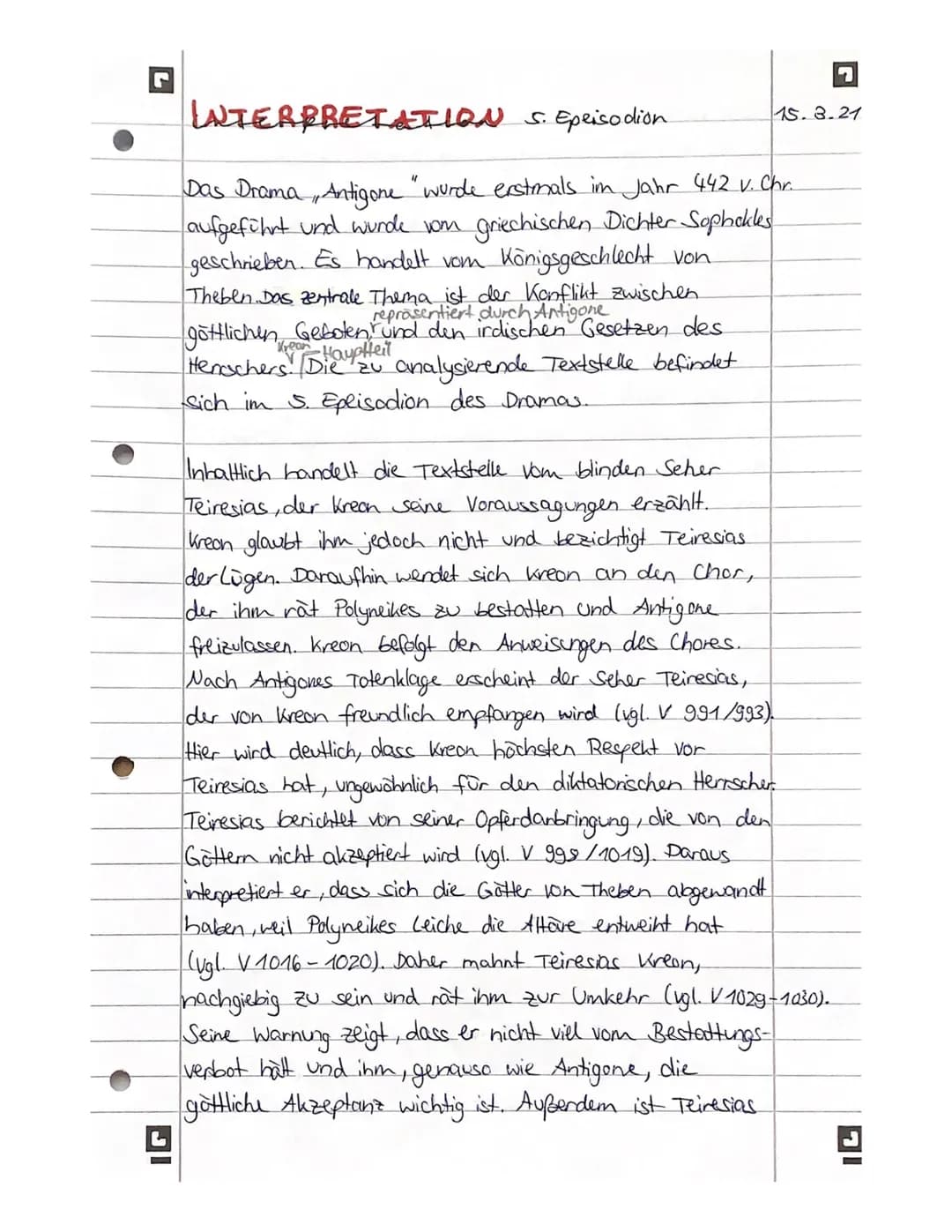 INTERPRETATION 5. Epeisodion.
Das Drama, Antigone "wurde erstmals im Jahr 442 v. Chr.
aufgeführt und wurde vom griechischen Dichter Sophokle