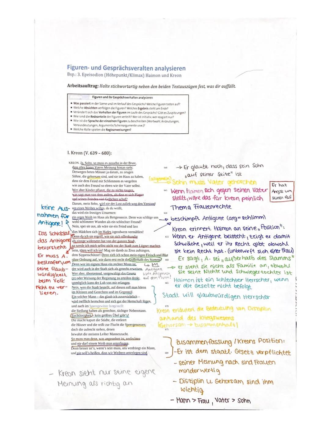 Figuren- und Gesprächsveralten analysieren
Bsp.: 3. Epeisodion (Höhepunkt/Klimax) Haimon und Kreon
Arbeitsauftrag: Halte stichwortartig nebe