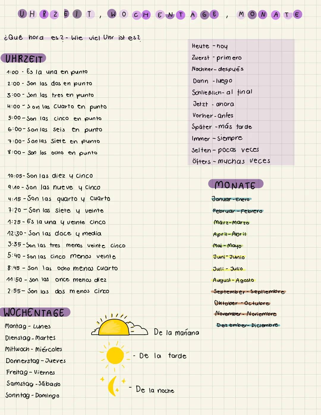 # UHRZE
T
# WOCH
# EN
# GE
# MONATE

¿Qué hora es? Wie viel Unr ist es?

# UHRZEIT

1:00 Es la una en punto

2:00 Son las dos en pun to

3:0