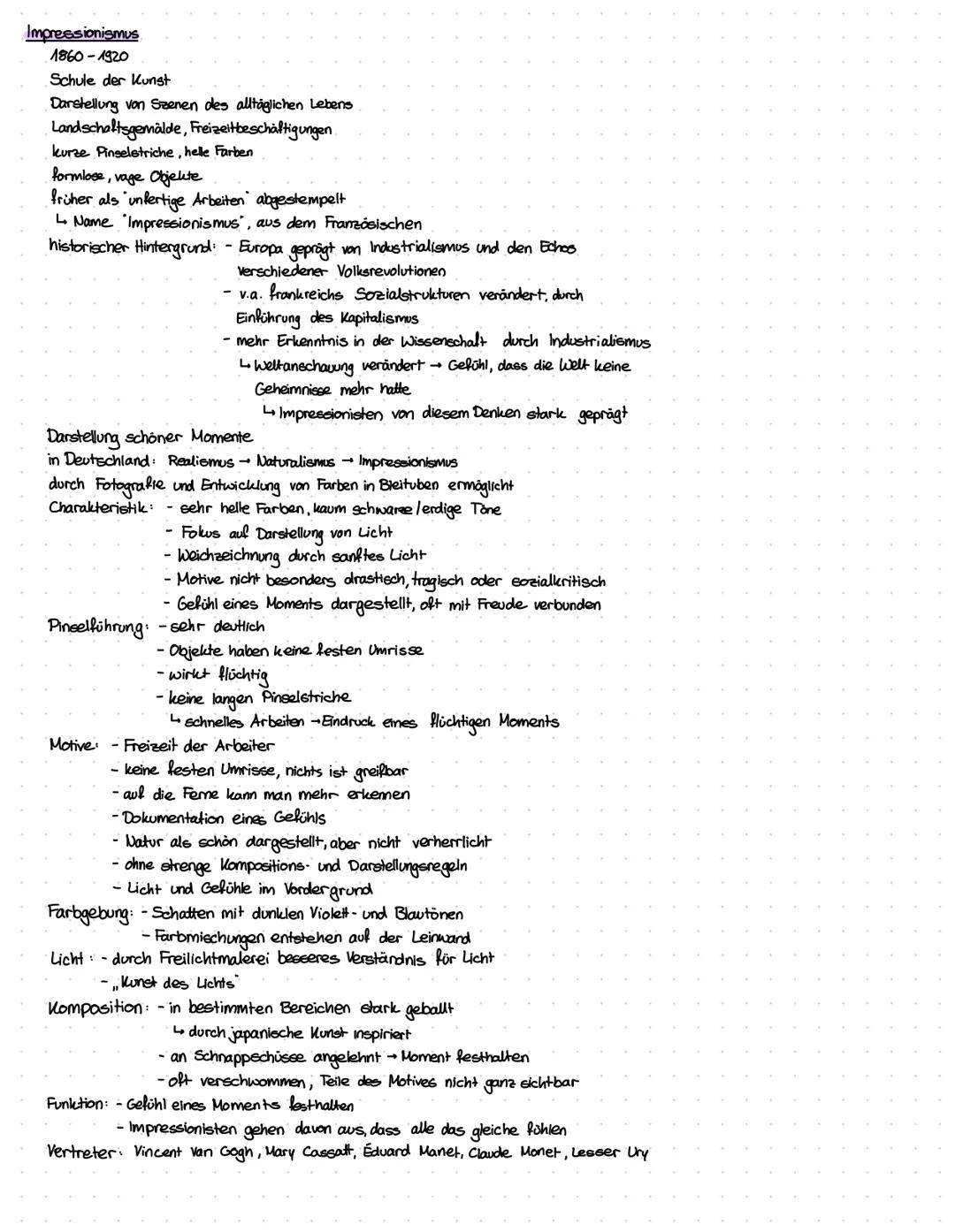 Impressionismus
1860-1920
Schule der Kunst
Darstellung von Szenen des alltäglichen Lebens
Landschaftsgemälde, Freizeitbeschäftigungen.
kurze