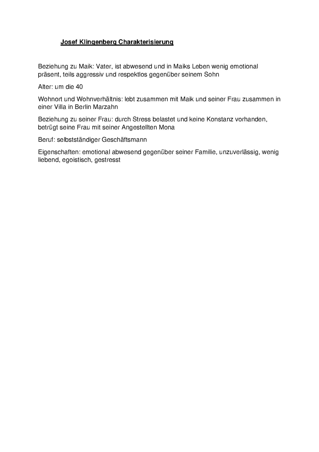 Josef Klingenberg und Familie – Tschick Charakterisierungen