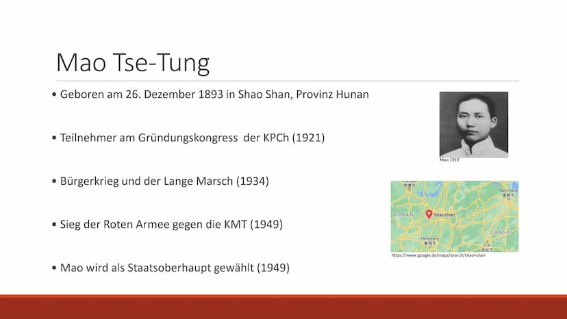 Maoismus Inhaltsverzeichnis
● Mao Tse-Tung
● Entstehung
• Leitgedanken
●
●
Fazit
•Quellen Mao Tse-Tung
• Geboren am 26. Dezember 1893 in Sha