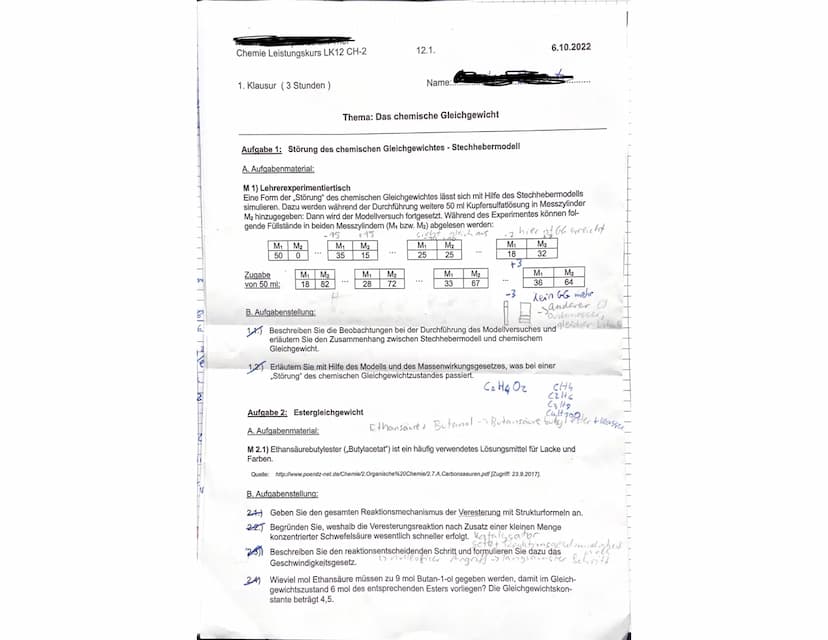 Das chemische Gleichgewicht: hursarbeit
Chemie Leistungskurs LK 12 CH-2 1. Klausur
6.10.2022
No. 1)
1.1) Das Stech hebermodell fängt so an d
