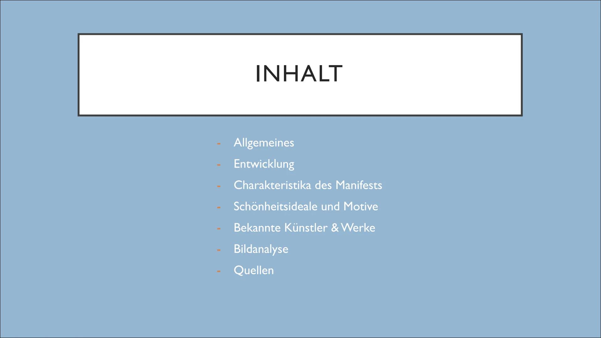 FUTURISMUS INHALT
Allgemeines
Entwicklung
Charakteristika des Manifests
Schönheitsideale und Motive
Bekannte Künstler & Werke
Bildanalyse
Qu