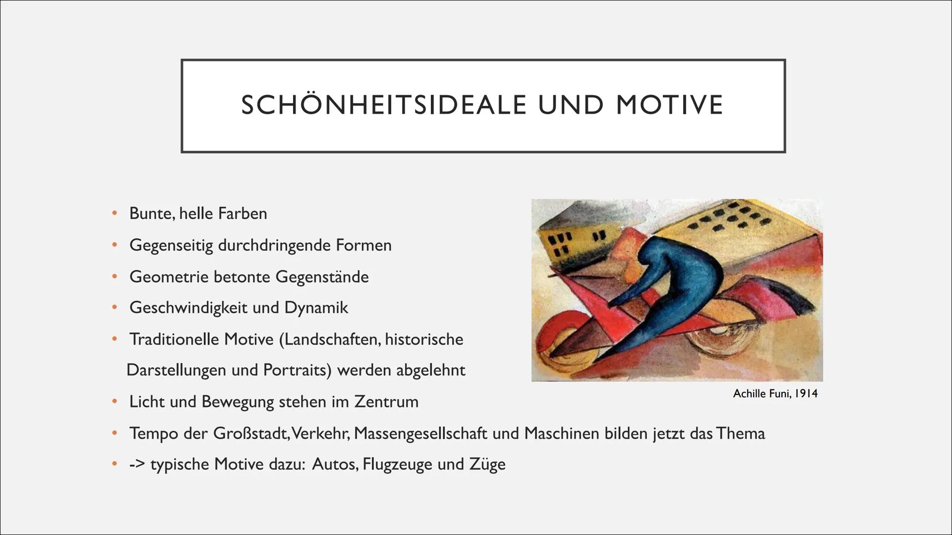 FUTURISMUS INHALT
Allgemeines
Entwicklung
Charakteristika des Manifests
Schönheitsideale und Motive
Bekannte Künstler & Werke
Bildanalyse
Qu