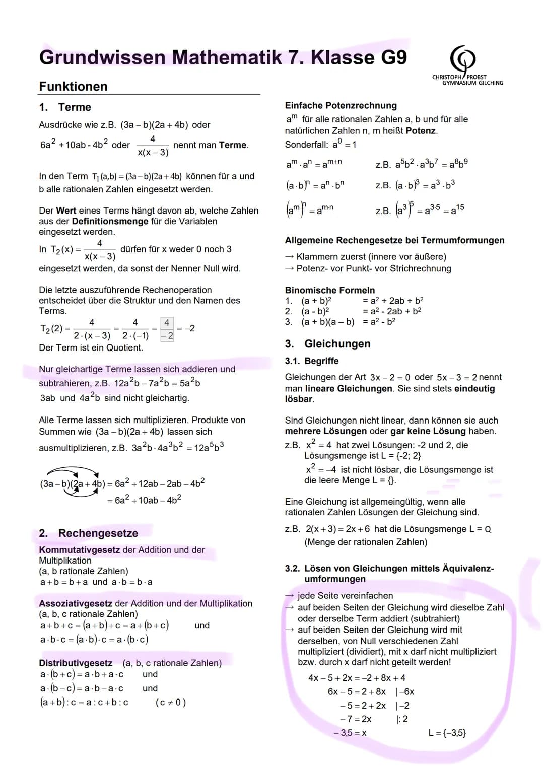 Grundwissen Mathematik 7. Klasse G9
Funktionen
1. Terme
Ausdrücke wie z.B. (3a - b)(2a + 4b) oder
4
6a² +10ab-4b2 oder
x(x-3)
In den Term T₁