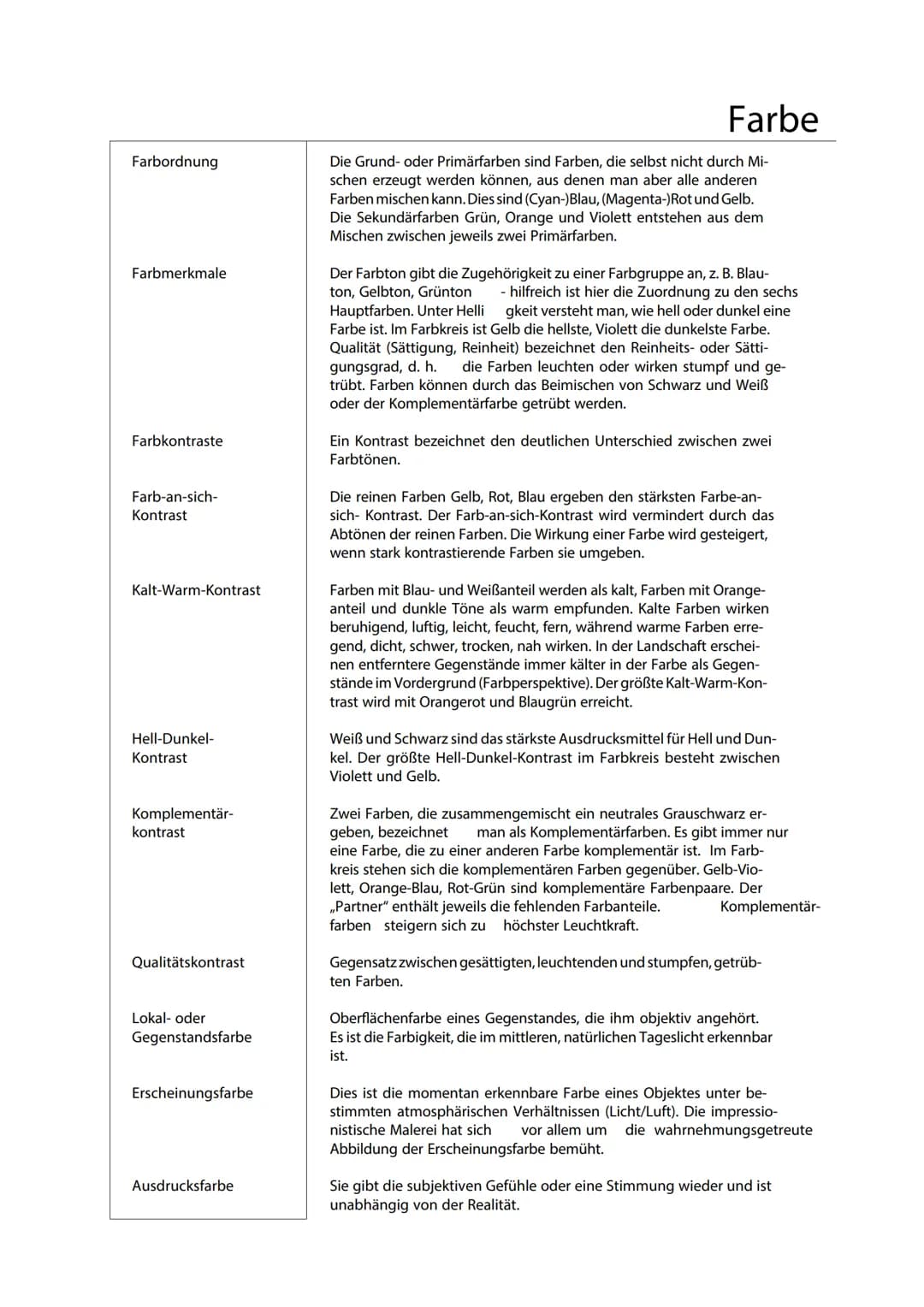 Farbordnung
Farbmerkmale
Farbkontraste
Farb-an-sich-
Kontrast
Kalt-Warm-Kontrast
Hell-Dunkel-
Kontrast
Komplementär-
kontrast
Qualitätskontr