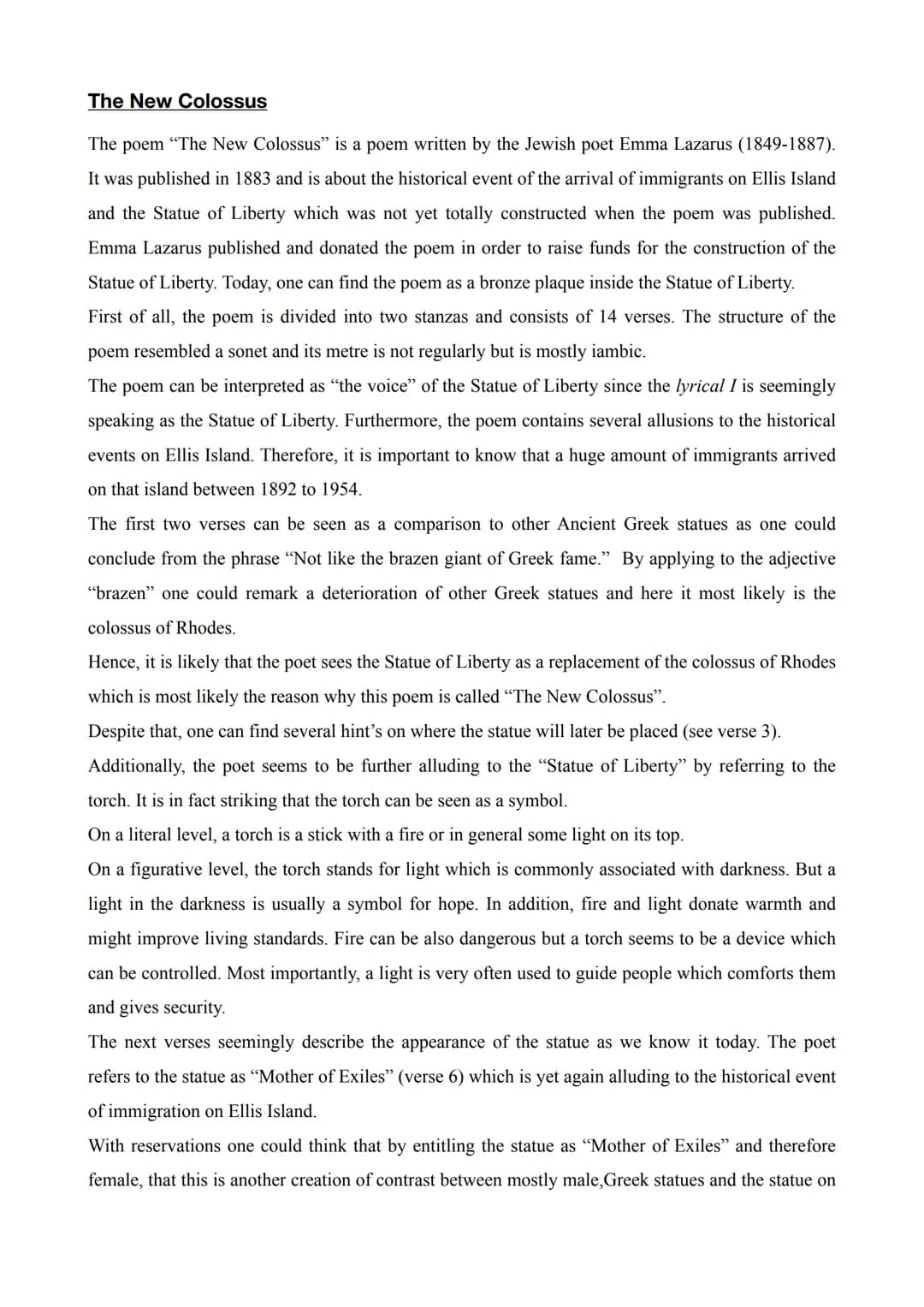 The New Colossus
The poem "The New Colossus" is a poem written by the Jewish poet Emma Lazarus (1849-1887).
It was published in 1883 and is 