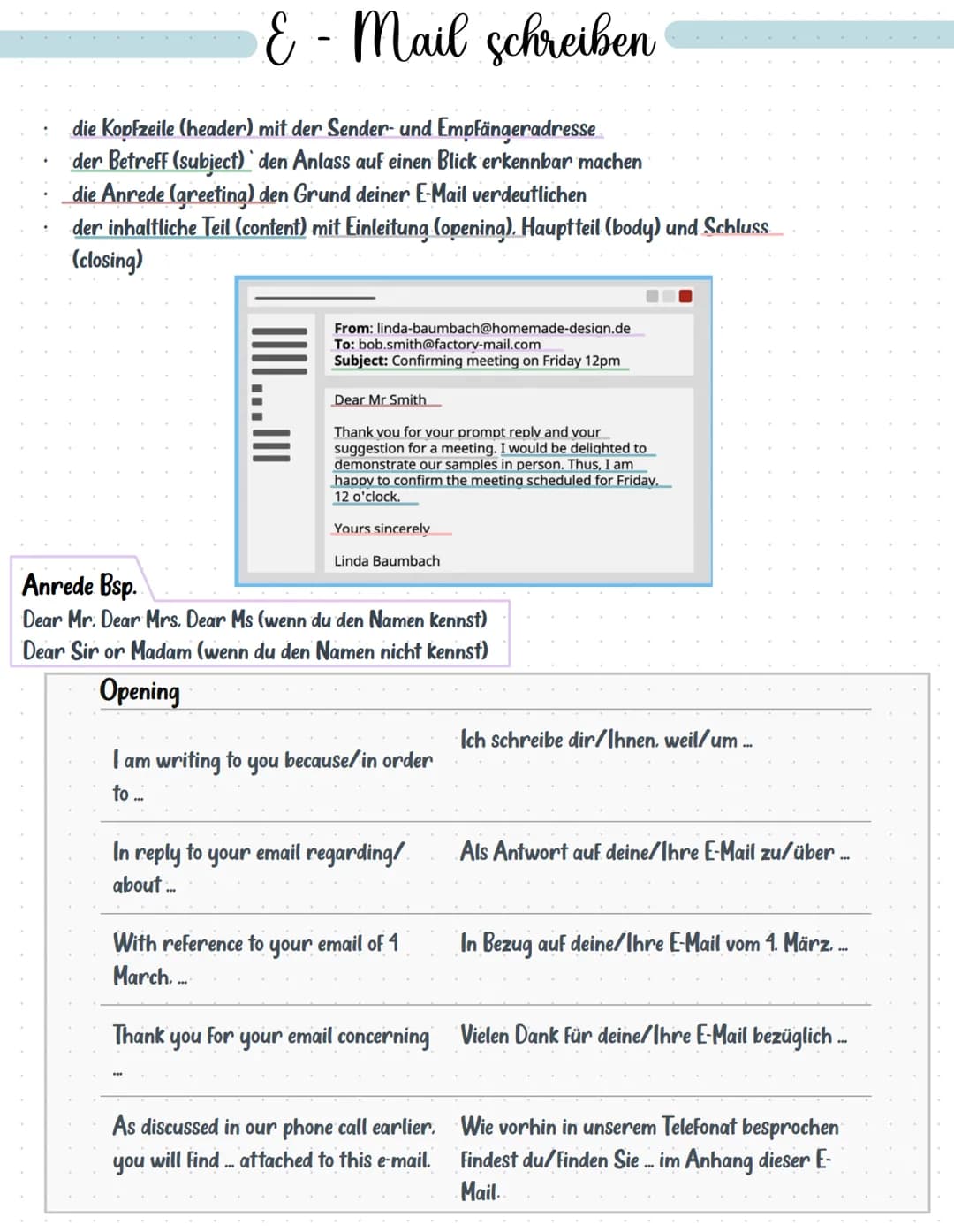 E-Mail schreiben
die Kopfzeile (header) mit der Sender- und Empfängeradresse
der Betreff (subject) den Anlass auf einen Blick erkennbar mach