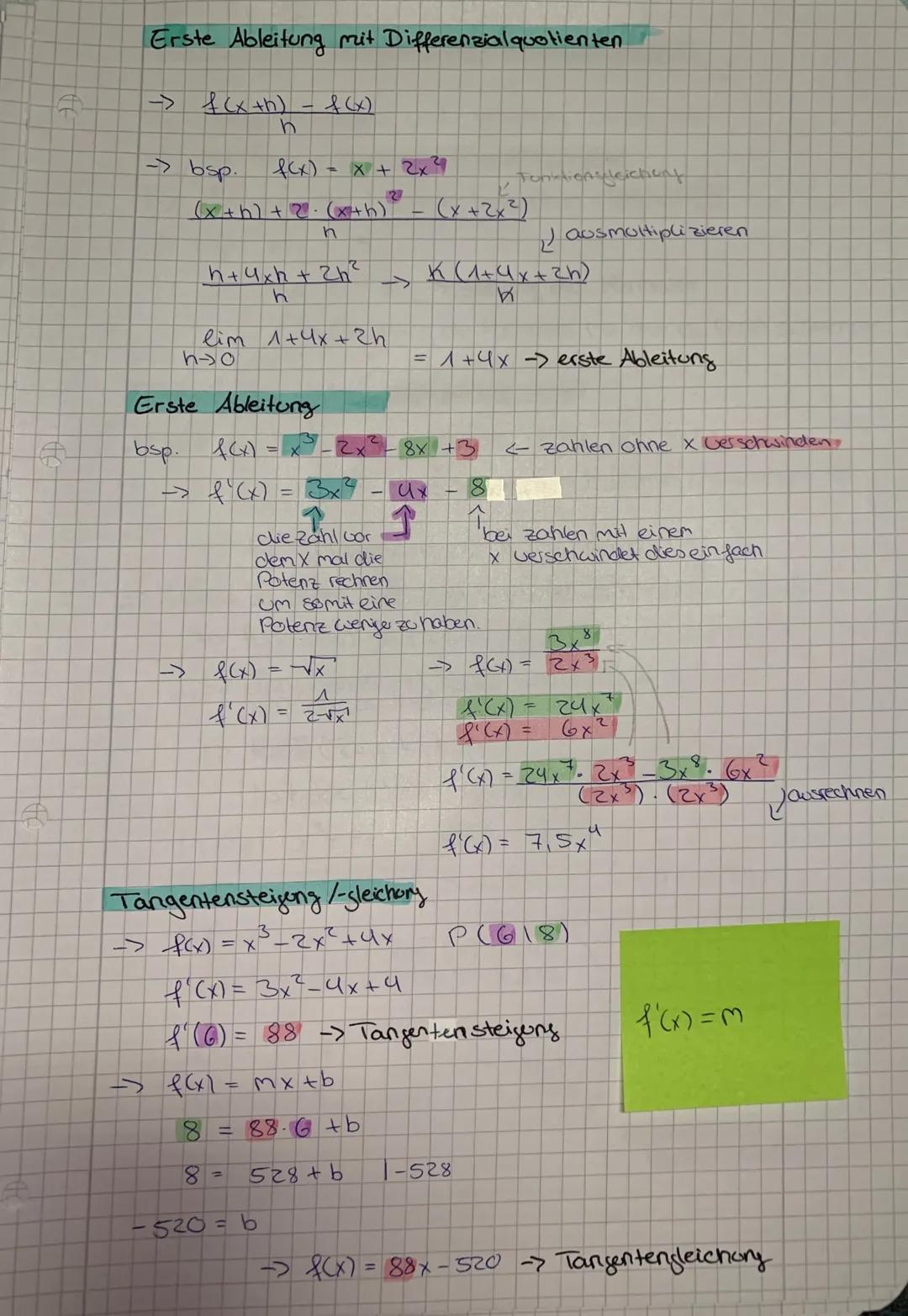 1
I
DIFFERENZIALRECHNUNG
Grundproblem
→ Steigung in einem Punkt des Graphen suchen
Sekantensteigung
-> man hat zwei Punkte
->
42-41
X₂-X₁
->