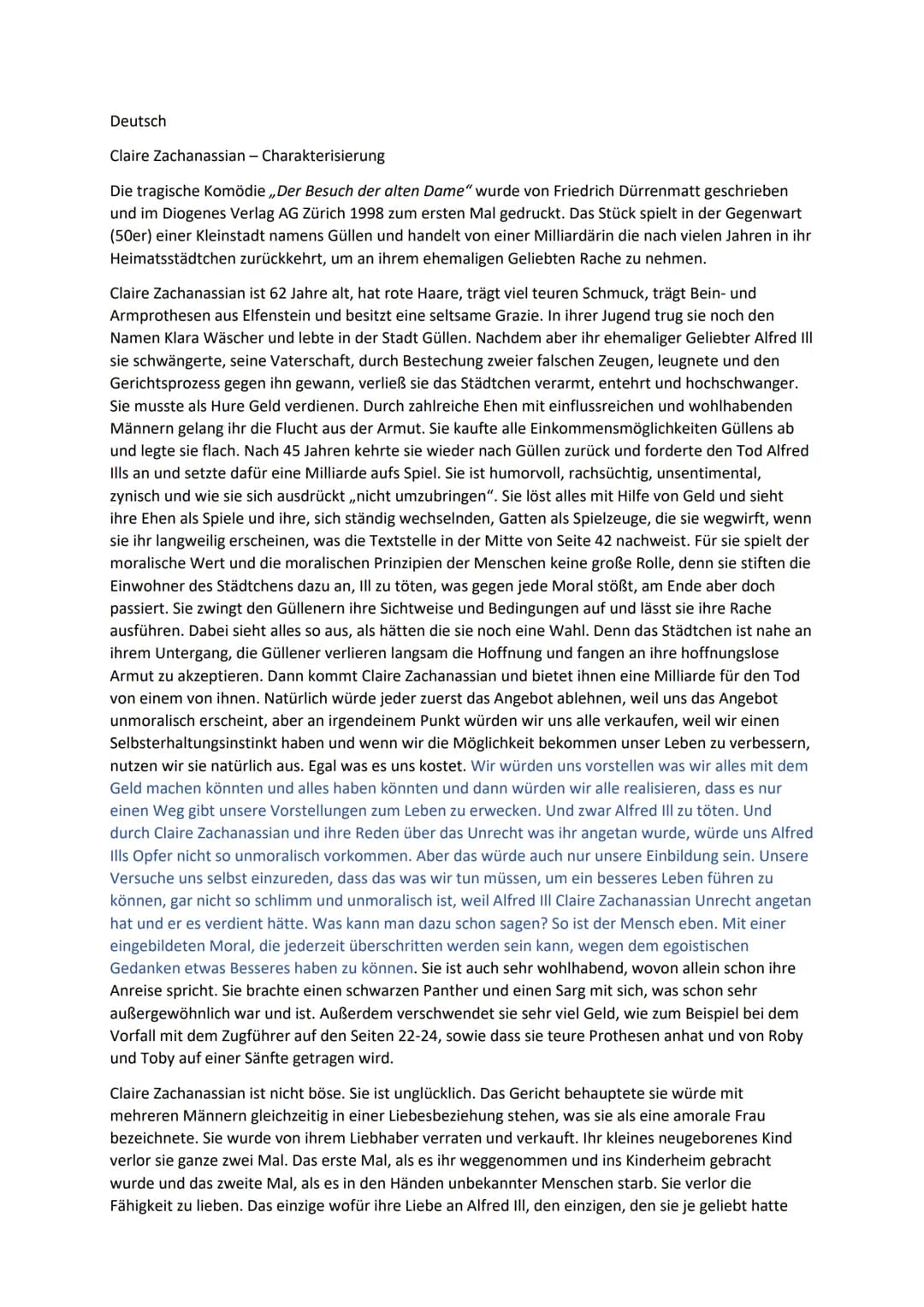 Deutsch
Claire Zachanassian - Charakterisierung
Die tragische Komödie ,,Der Besuch der alten Dame" wurde von Friedrich Dürrenmatt geschriebe