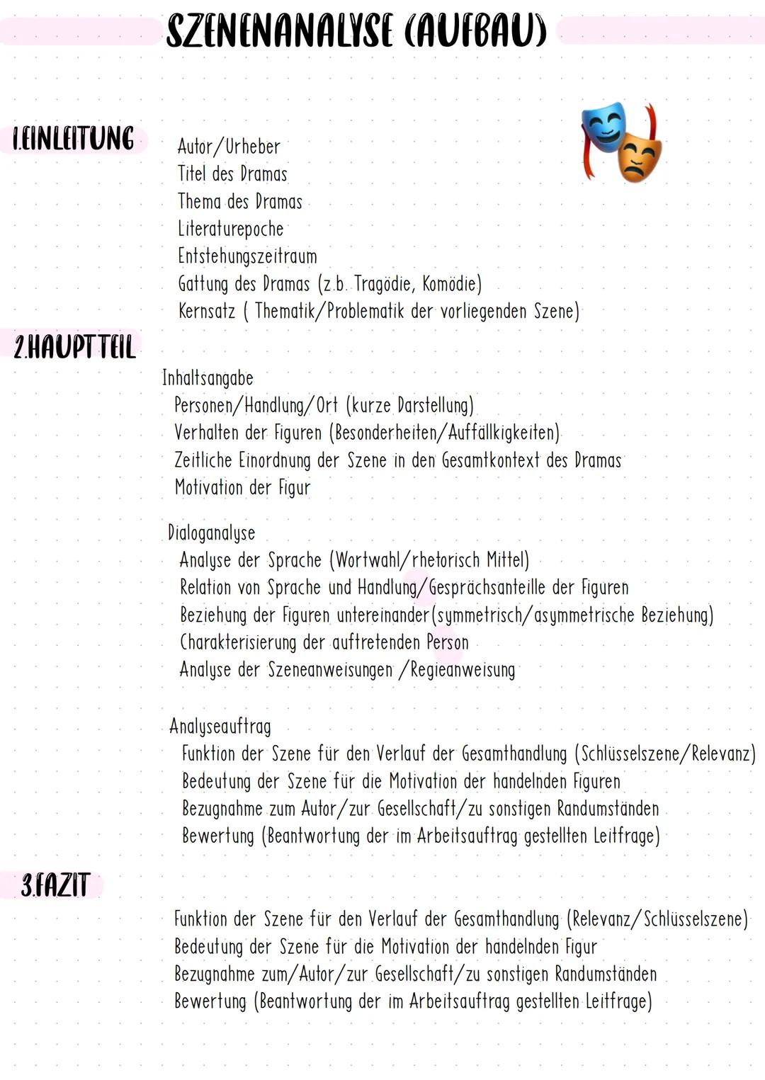 # SZENENANALYSE (AUFBAU)

LEINLEITUNG
Autor/Urheber
Titel des Dramas
Thema des Dramas
Literaturepoche
Entstehungszeitraum
Gattung des Dramas