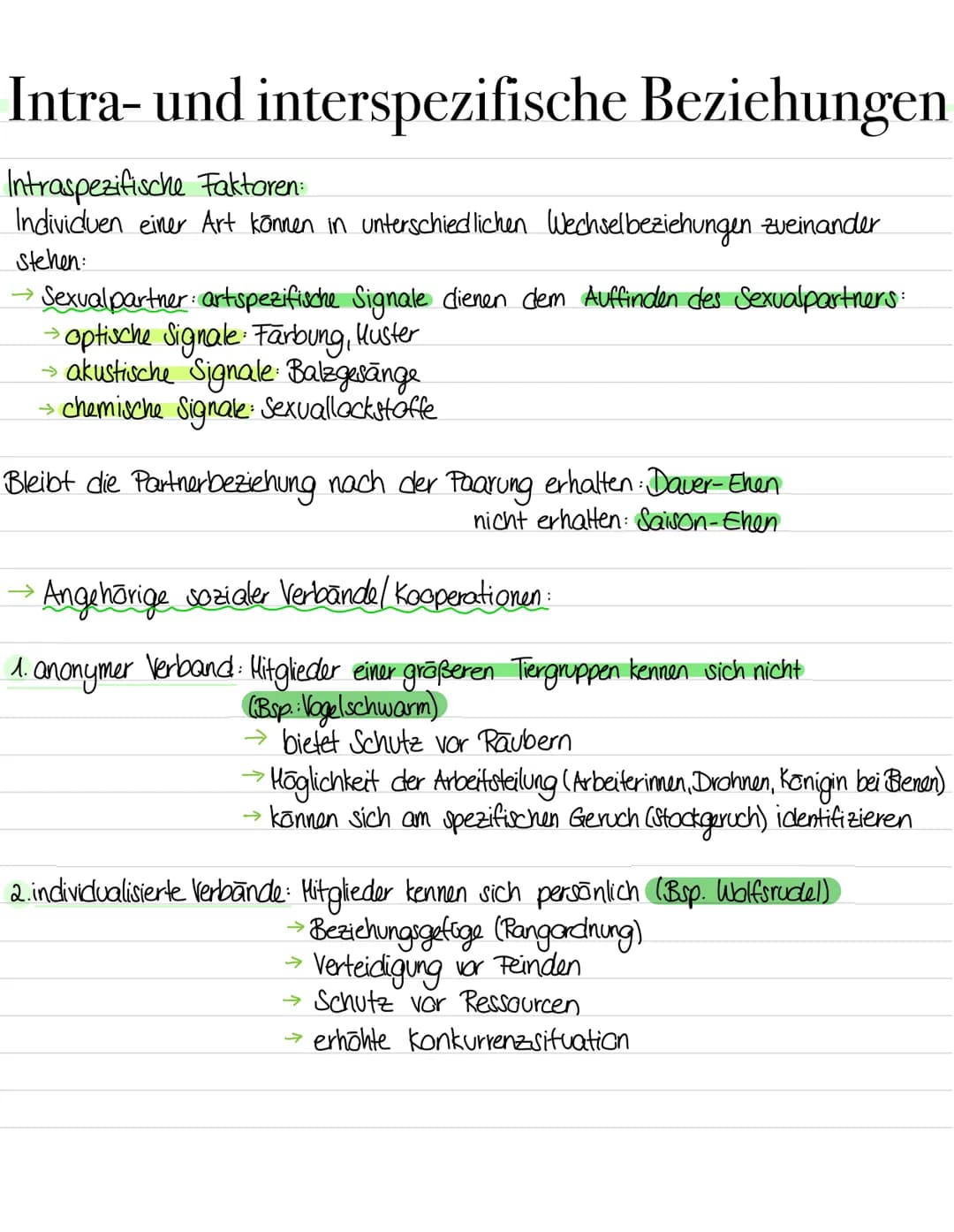 Intra- und interspezifische Beziehungen
Intraspezifische Faktoren:
Individuen einer Art können in unterschiedlichen Wechselbeziehungen zuein