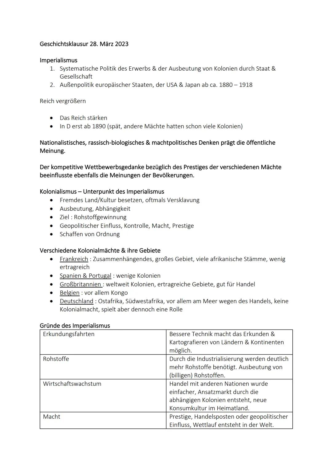 Geschichtsklausur 28. März 2023

Imperialismus

1. Systematische Politik des Erwerbs & der Ausbeutung von Kolonien durch Staat &
Gesellschaf