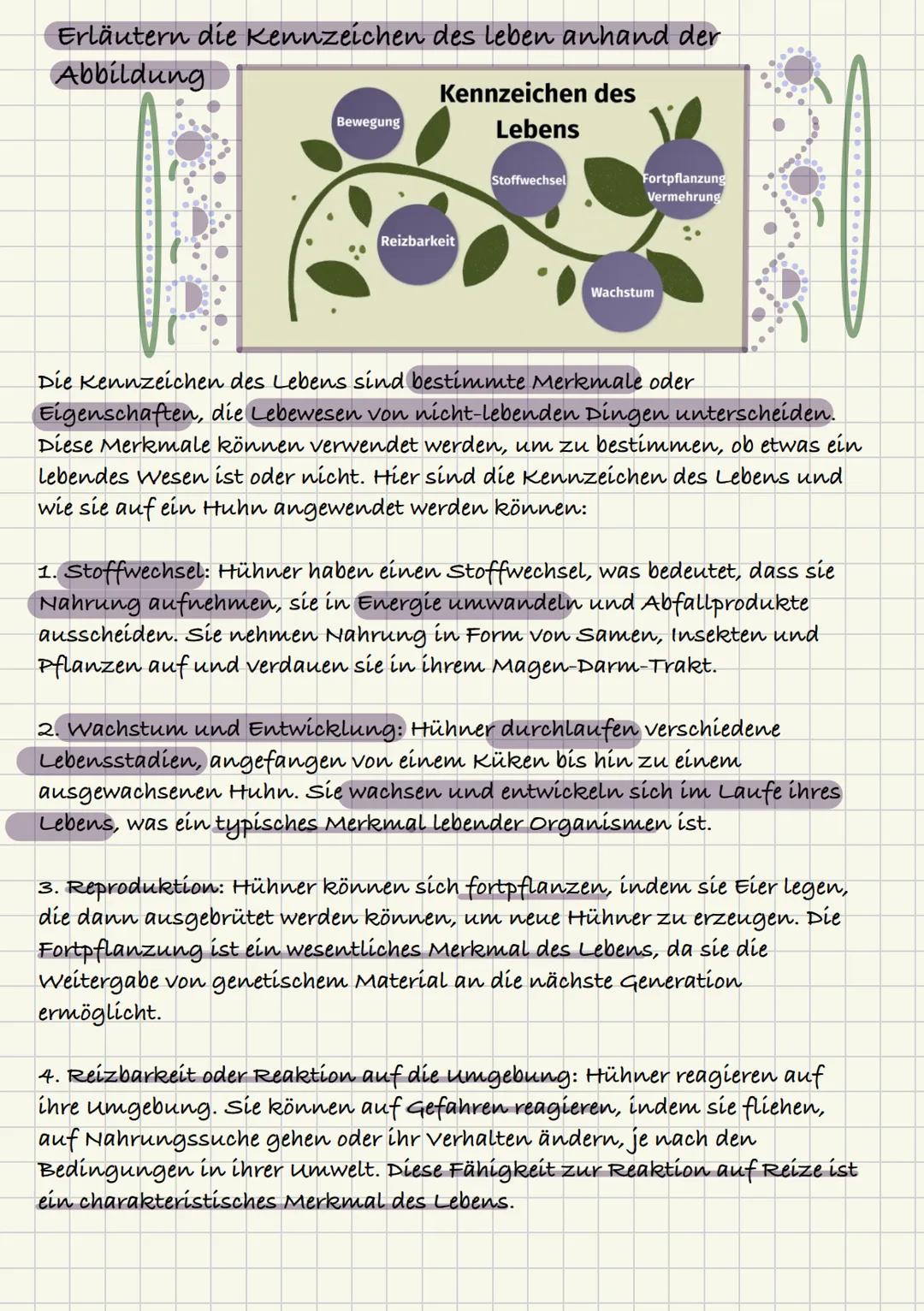 Erläutern die Kennzeichen des leben anhand der
Abbildung
Bewegung
Kennzeichen des
Lebens
Reizbarkeit
Stoffwechsel
Fortpflanzung
Vermehrung
W