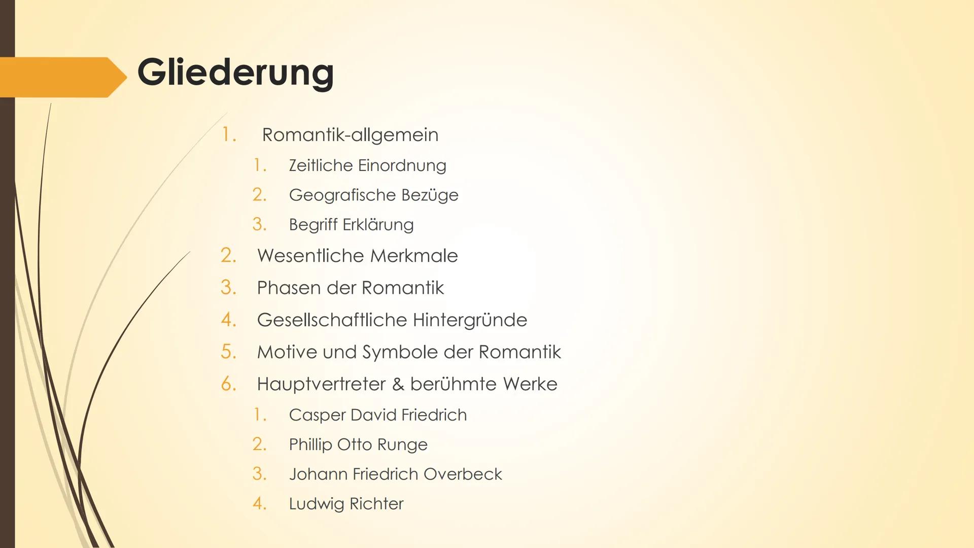 Begriff ,,Romantik":
Romantik
Zeitliche Einordnung: →von 1780 bis 1850 (zwischen Aufklärung/ Klassizismus und Realismus)
→ Bezug zum Mittela